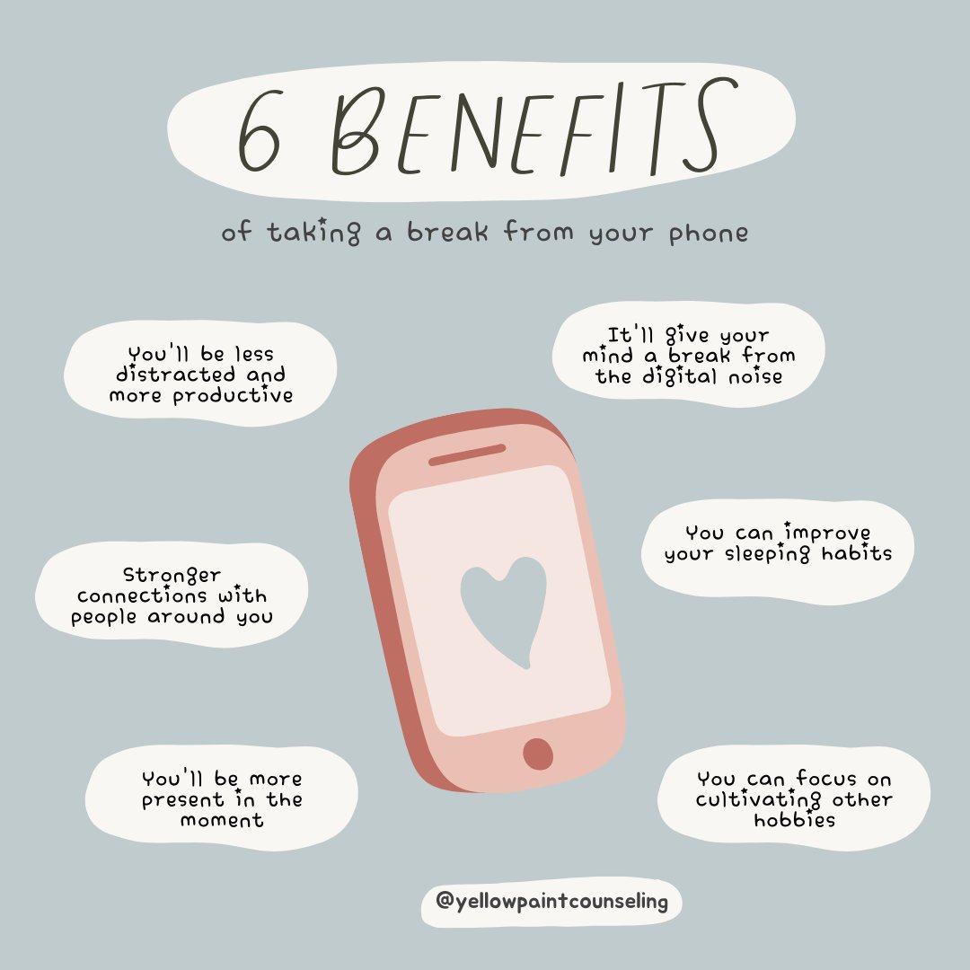 yellowpaintpllc's tweet photo. Time to Unplug: Take a Break from Your Phone! 
✨ Reduce stress &amp; anxiety
✨ Boost focus &amp; productivity
✨ Strengthen relationships
✨ Improve sleep quality
Your mind and body will thank you. 
 #PhoneBreak #DigitalDetox #UnplugAndRecharge #MindfulLiving https://t.co/SHObTSHeIl