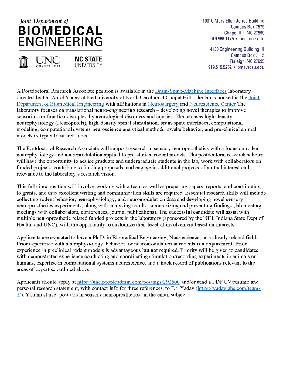 Amol Yadav (@amolpyadav) on Twitter photo Please share. We have an opening for a postdoc in my lab <a href="/UNC/">UNC-Chapel Hill</a> <a href="/jointbme/">Lampe Joint Biomedical Engineering</a> interested in sensory neuroprosthetics research in animals. Neuropixels, high-density stim, brain-spine interface, etc. unc.peopleadmin.com/postings/292500 Please share. We have an opening for a postdoc in my lab <a href="/UNC/">UNC-Chapel Hill</a> <a href="/jointbme/">Lampe Joint Biomedical Engineering</a> interested in sensory neuroprosthetics research in animals. Neuropixels, high-density stim, brain-spine interface, etc. unc.peopleadmin.com/postings/292500