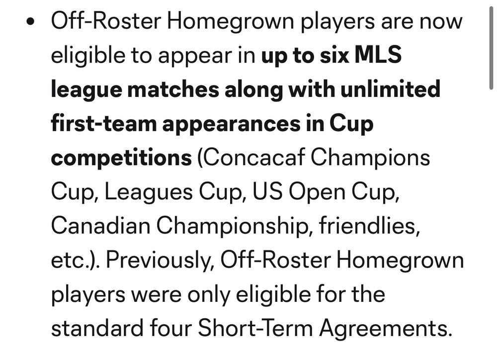 Huge news for young HG players in MLS as this provides a pathway to playing time that had previously been closed off. The short term loans just weren't working.

I expect with this change we will see debuts of multiple U18s this season.