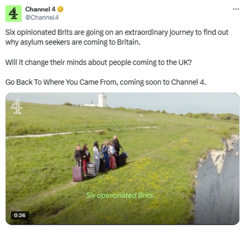 gwdsomers's tweet photo. Channel 4 making a reality TV show out of asylum seekers drowning in the channel is a new low.

Racists and bigots shouldn’t be humanised- and they certainly don’t need to be paid in fame and fortune to figure out that war zones exist. https://t.co/EqVT30rqRM