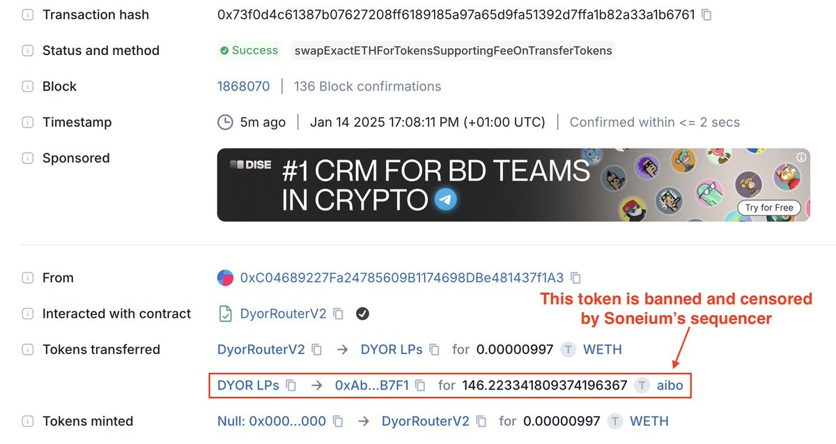donnoh.eth ๐ (@donnoh_eth) on Twitter photo since i've seen a lot of bad takes regarding L2s and their censorship resistance, here's how i bypassed <a href="/soneium/">Soneium ๐ฟ</a>'s sequencer and bought a banned token with a forced tx through L1 ๐งต since i've seen a lot of bad takes regarding L2s and their censorship resistance, here's how i bypassed <a href="/soneium/">Soneium ๐ฟ</a>'s sequencer and bought a banned token with a forced tx through L1 ๐งต