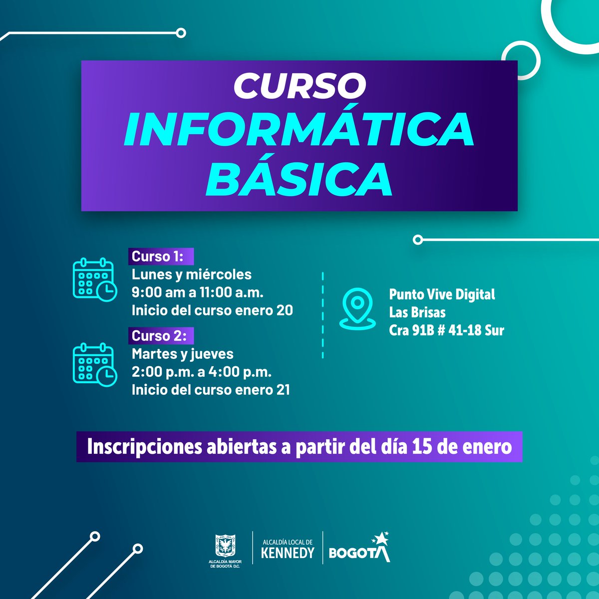 KennedyPvd's tweet photo. Sabemos que quieres llenarte de nuevos conocimientos 🤓. Por eso te traemos las siguientes ofertas de capacitaciones en nuestros Puntos Vive Digital. Si necesitas más información, deja tu comentario o acércate al Punto Vive Digital más cercano. ¡Te esperamos! 🤗 https://t.co/FnbF7cSZ6h