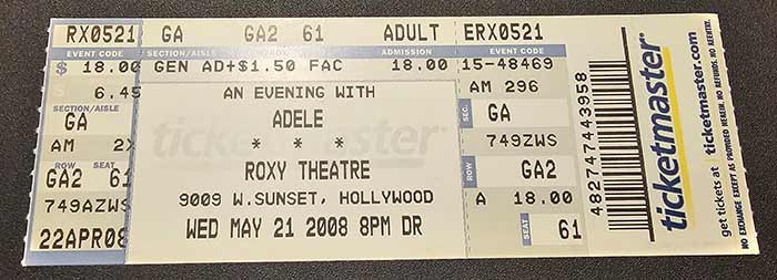 SamSoniDesign's tweet photo. Sam Soni - My concert ticket collection is growing! I'm excite to add more to my collection. This Adele ticket stub is probably my favorite so far. It was one (if not the first) live performances. 2008 at the Roxy. #ConcertStubs #Adele #AdeleMusic #SamSoni @Adele https://t.co/4x4e2MWAmx