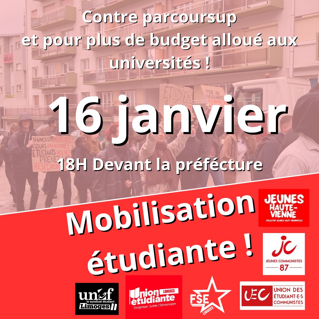 FSE_Limoges's tweet image. ✊ Mobilisation nationale ce jeudi pour défendre l'université publique !

Disons stop à la dégradation de nos conditions de vie et d'étude et à la sélection généralisée !

Rdv à 18h devant la préfecture le 16 janvier !