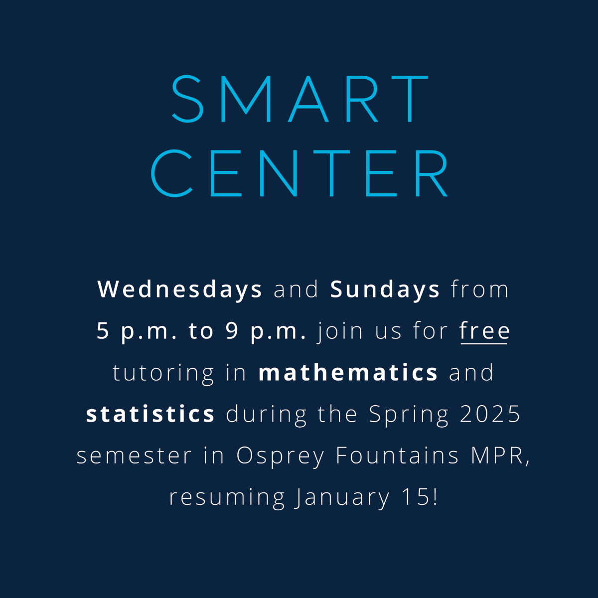 UNF_HRL's tweet photo. Hey Ospreys! P.A.T.H. is now open for the Spring! Swipe for subject areas and hours! Also, resuming Jan. 15 is SMART Center tutoring in Mathematics and Statistics! Drop in for help with homework, getting answers to any questions you have on the subjects, etc. We are here for you! https://t.co/vdBUqJ3OTD