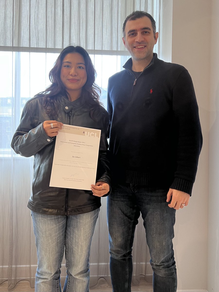 Thrilled to share that my MSc student, Jaz Johari, has won the UCL MAPS MSc Innovation &amp; Enterprise Award for her outstanding project! Her hard work and dedication have truly paid off. 👏 More details in the  link below #ProudSupervisor #Innovation #UCL