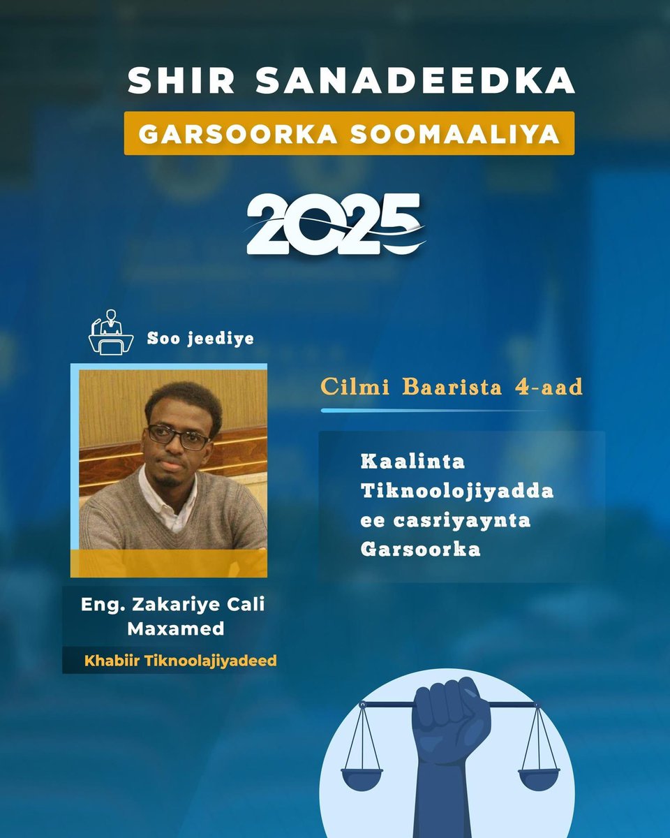 AJConference's tweet photo. Engineer Zakariye Ali Mohamed, will present research at the Somali Annual Judicial Conference 2025.
#AnnualJudicialConference2025
#2025AnnualConferenceofJudges #ModernizingJudgment https://t.co/JCnLGND1kL
