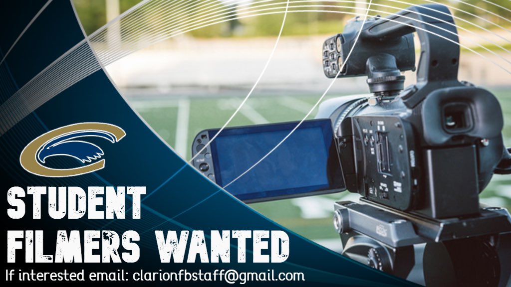 Clarion Football (@clarionfootball) on Twitter photo We’re looking for students to help us film practices!
-great entry-level experience
-team issued gear
-stipend or intern opportunities available
-networking opportunities
Interested or know someone who might be? Email clarionfbstaff@gmail.com
#WingsUp We’re looking for students to help us film practices!
-great entry-level experience
-team issued gear
-stipend or intern opportunities available
-networking opportunities
Interested or know someone who might be? Email clarionfbstaff@gmail.com
#WingsUp