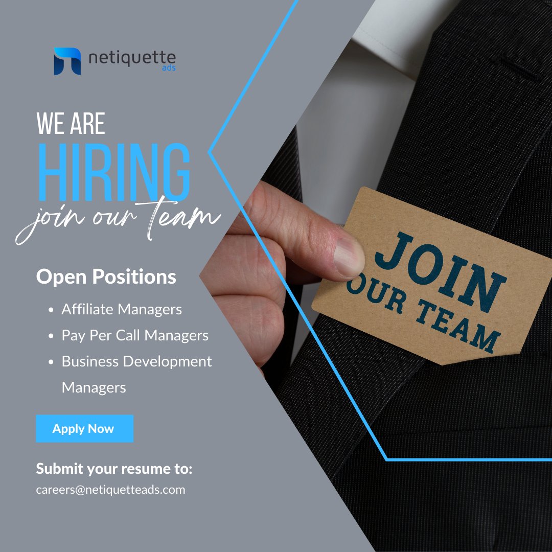 Netiquetteads's tweet photo. 🚀 Join the #NetiquetteAds team! We’re hiring across multiple departments. If you're passionate about digital marketing &amp; want to work with a dynamic team, apply now! 🌟 #JobAlert #Hiring #DigitalMarketing #CareerOpportunities https://t.co/vEJlMjoU9f