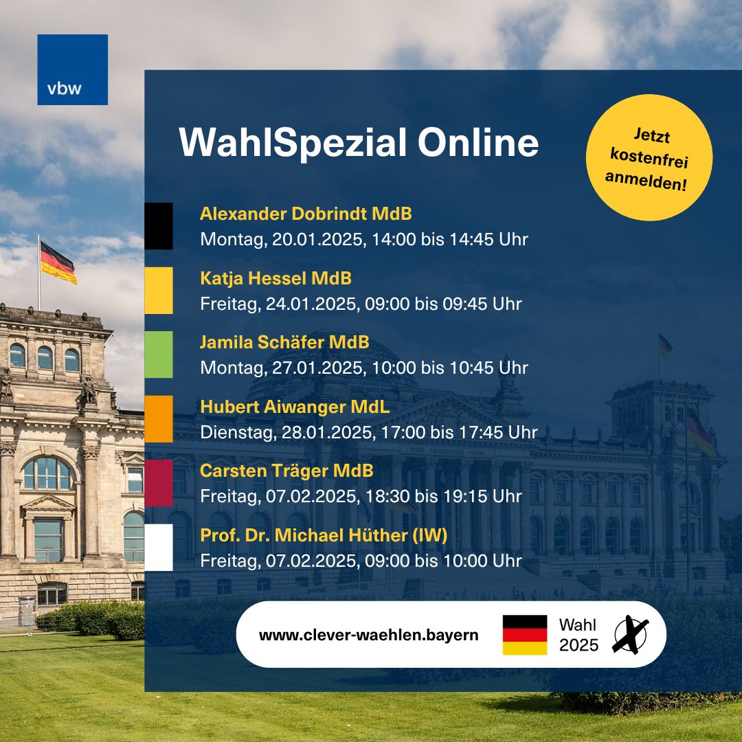 Unsere WahlSpezial-Veranstaltungen zur Bundestagswahl: Jetzt kostenfrei anmelden und sich für die Wahl am 23. Februar 2025 informieren. 💡👉️ clever-waehlen.bayern #btw25