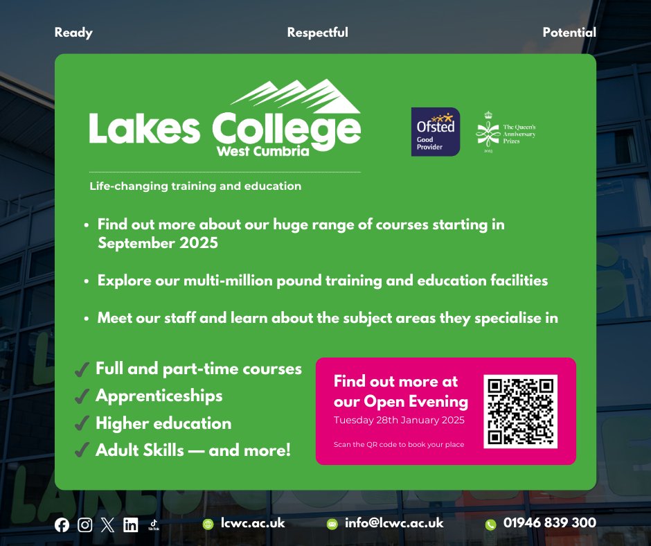 Lakes College Open Evening

📅 Tuesday 28th January 2025, 5pm - 7.30pm

To book your place for our open evening, please visit: tickettailor.com/events/lakesco…