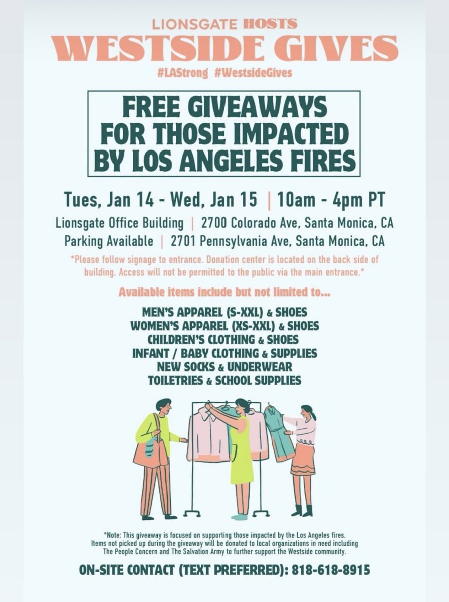 JillianChili's tweet photo. Lionsgate is hosting free giveaways for those impacted by the LA fires at their Santa Monica offices, details below🤍 https://t.co/QUqt41wANX