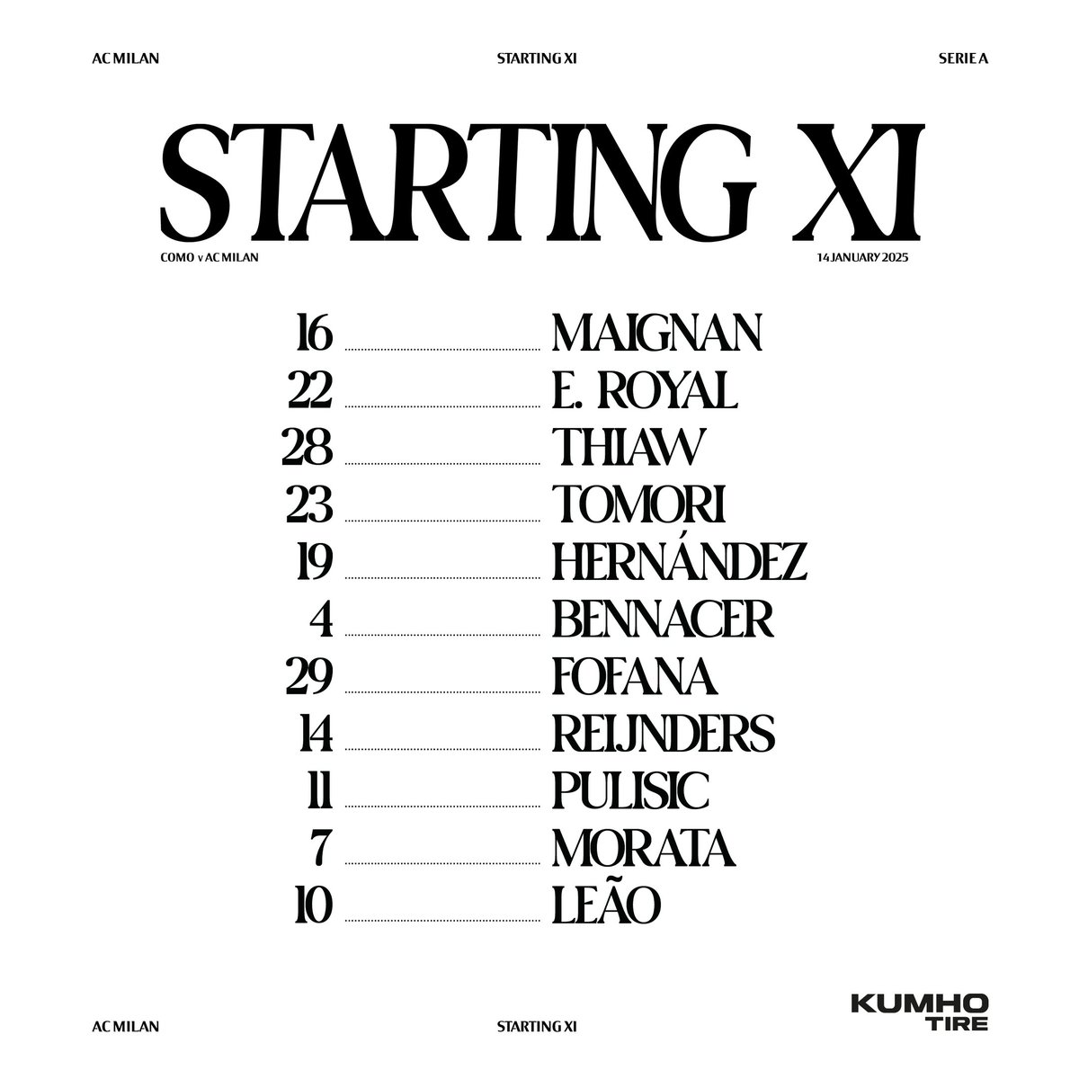 Your Rossoneri XI for some midweek footy 📋

#ComoMilan #SempreMilan
Brought to you by 𝗞𝘂𝗺𝗵𝗼 𝗧𝗶𝗿𝗲