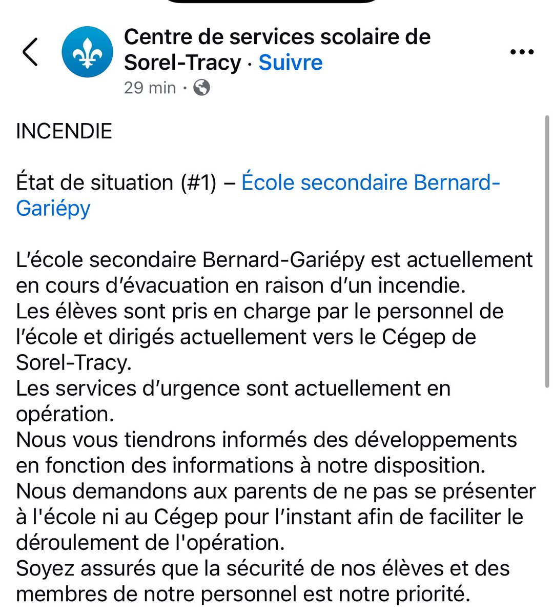 Yves Poirier (@poirieryvestva) on Twitter photo DERNIÈRE HEURE
Incendie à l’école secondaire Bernard-Gariépy de Sorel-Tracy.
<a href="/tvanouvelles/">TVA Nouvelles</a> en direction. DERNIÈRE HEURE
Incendie à l’école secondaire Bernard-Gariépy de Sorel-Tracy.
<a href="/tvanouvelles/">TVA Nouvelles</a> en direction.
