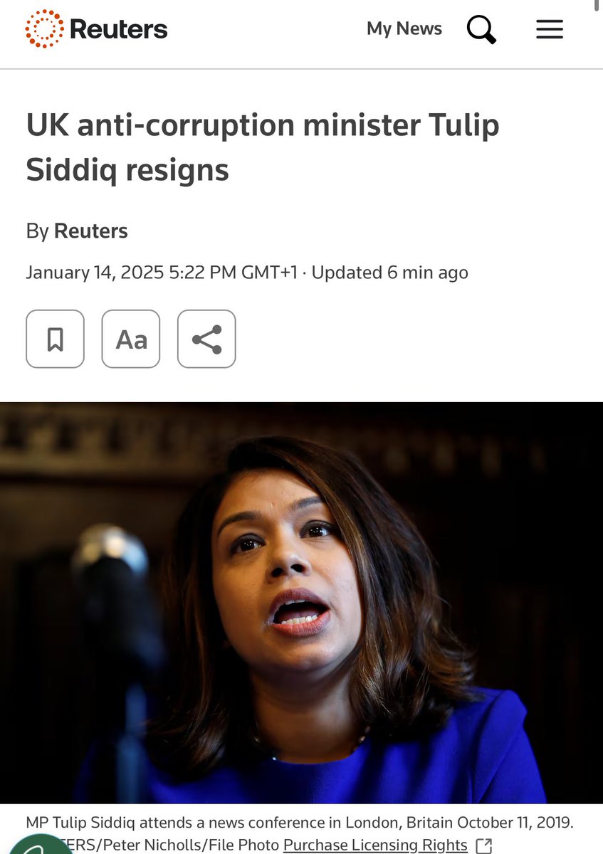 Rami_0_1's tweet photo. UK Anti-Corruption Minister Tulip Siddiq Resigns Amid Scandal

Tulip Siddiq, the UK’s anti-corruption minister, has resigned following allegations of ties to corruption scandals involving her aunt, former Bangladeshi Prime Minister Sheikh Hasina. Reports Siddiq misused her position for personal gain, raising serious questions about her role.