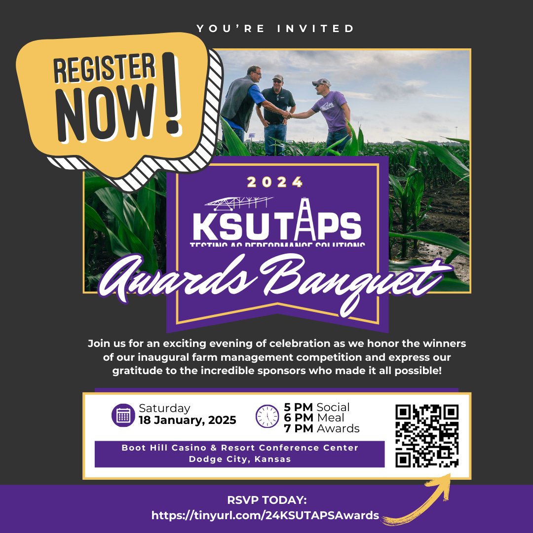 ⏳ There’s still time to register for the inaugural TAPS Awards Banquet on Jan. 18 in Dodge City! Celebrate ag innovation and connect with farmers, educators, and industry leaders. All are welcome!

📰 Register here: k-state.edu/tapshttps://ks…