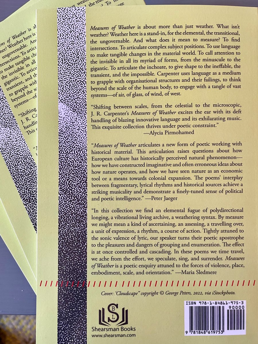 J. R. Carpenter (@jr_carpenter) on Twitter photo author’s copies of Measures of Weather have arrived, with lush blurbs from <a href="/a_pirmohamed/">Alycia Pirmohamed</a>, <a href="/mariaxrose/">𝔐𝔞𝔯𝔦𝔞 𝔖𝔩𝔢𝔡𝔪𝔢𝔯𝔢</a>, and Peter Jaeger. the book comes out next month with <a href="/ShearsmanBooks/">Shearsman</a> — preorder available here: shearsman.com/store/J-R-Carp… author’s copies of Measures of Weather have arrived, with lush blurbs from <a href="/a_pirmohamed/">Alycia Pirmohamed</a>, <a href="/mariaxrose/">𝔐𝔞𝔯𝔦𝔞 𝔖𝔩𝔢𝔡𝔪𝔢𝔯𝔢</a>, and Peter Jaeger. the book comes out next month with <a href="/ShearsmanBooks/">Shearsman</a> — preorder available here: shearsman.com/store/J-R-Carp…