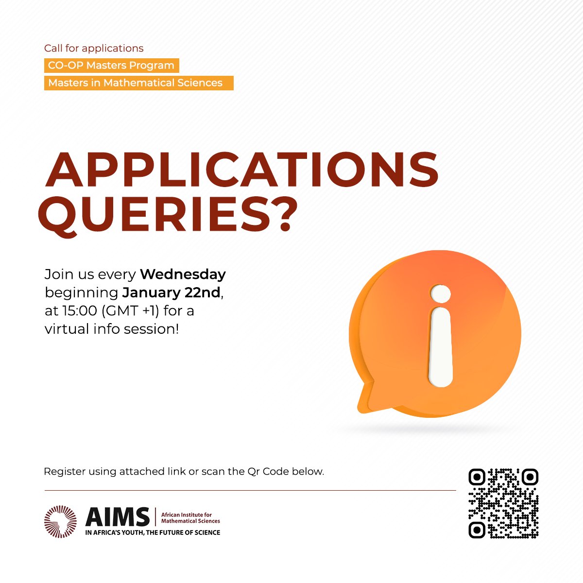 AIMSGhana's tweet photo. #ShapeYourFuture in #Mathematical Sciences!🌟
Join us for the #AIMSWeeklyInfoSession to support your applications for the Masters &amp; CO-OP Programs each Wednesday, beginning Jan 22, 2025 at 16:00 GMT!
Register via: https://t.co/0V6ef0lEWa &amp; take the first step towards excellence! https://t.co/dGbNlG3sFI