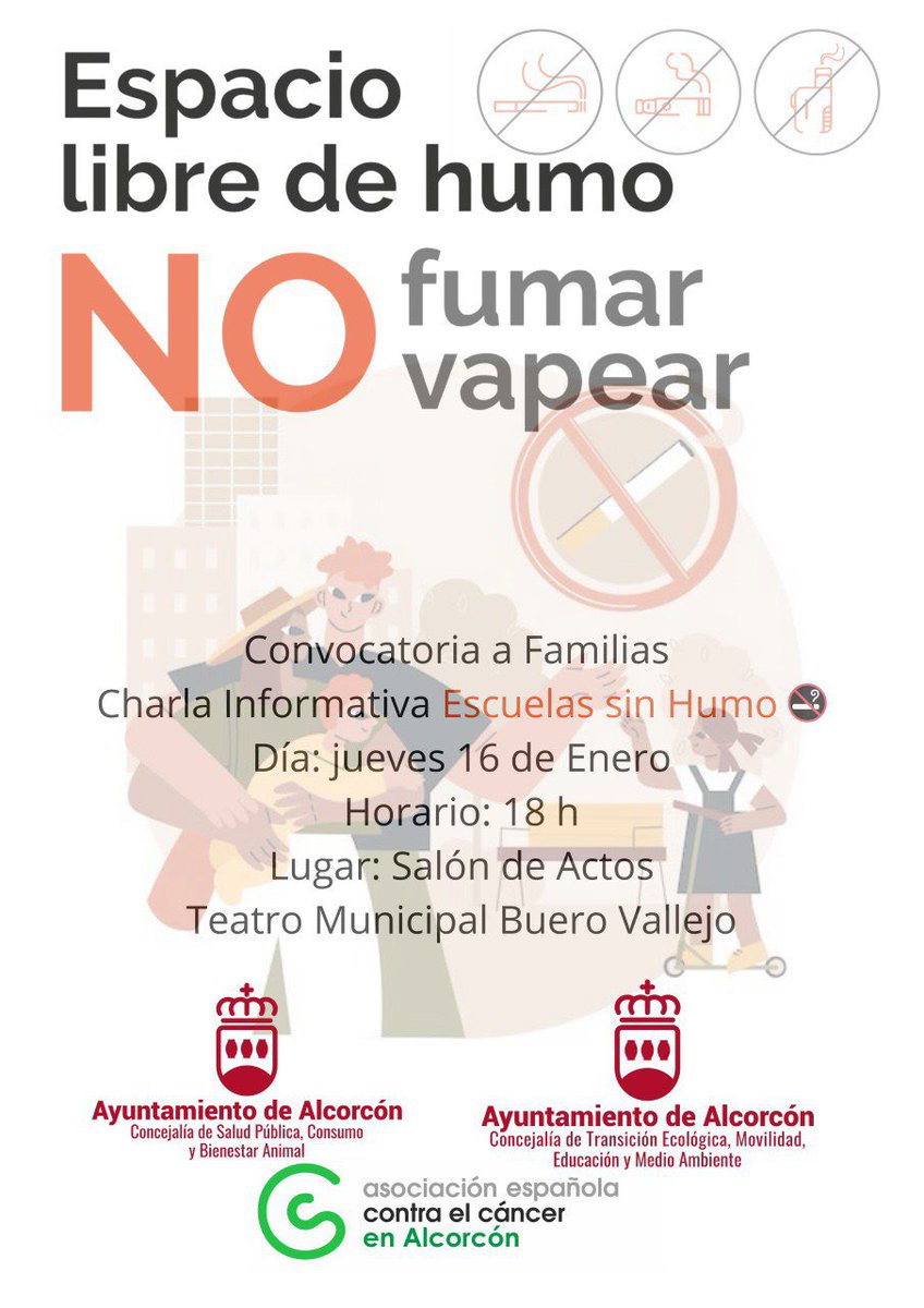 Junto a <a href="/AlcorconEduca/">Concejalía de Educación</a> y la <a href="/ContraCancerMAD/">Asociación Española Contra el Cáncer en Madrid</a> ponemos en marcha el programa “Escuelas Sin Humo” 🚭, dentro de la campaña de “Buenos Propósitos para 2025”. 

Os esperamos en la charla informativa para #familias 👇 

🗓️ Jueves, 16 de enero. 
📍 Teatro Buero Vallejo.
⏰ 18:00h.