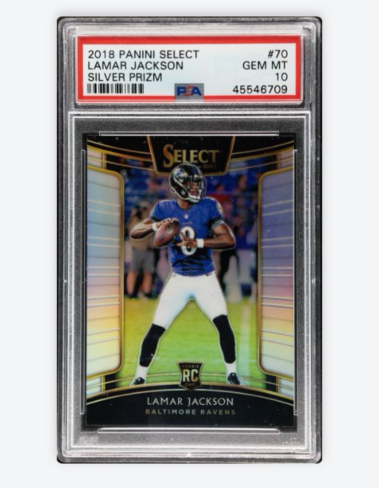 BFawkes22's tweet image. Looking to sell this Lamar Jackson 2018 Panini Select PSA 10 Silver Prizm RC #70.

Open to offers, DMs open.

Thanks!

@RyansCardssLLC @TJCardCollector @MMSportsCards1 @NoHoldsCards 

#RavensFlock