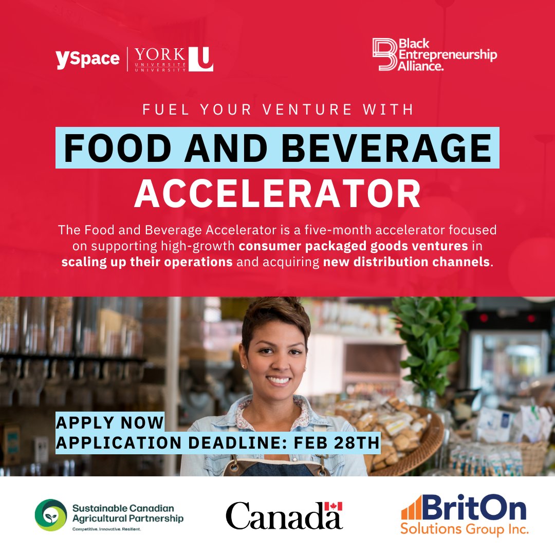 YorkLink's tweet photo. Is your consumer packaged goods startup looking for industry-specific support and expertise to set the stage for growth? @YSpace’s Food and Beverage Accelerator program can help take your business to the next level.
Apply now: https://t.co/JO8WlfFnaU
#YorkRegion #YSpace #YorkU https://t.co/r1ea12HIOK