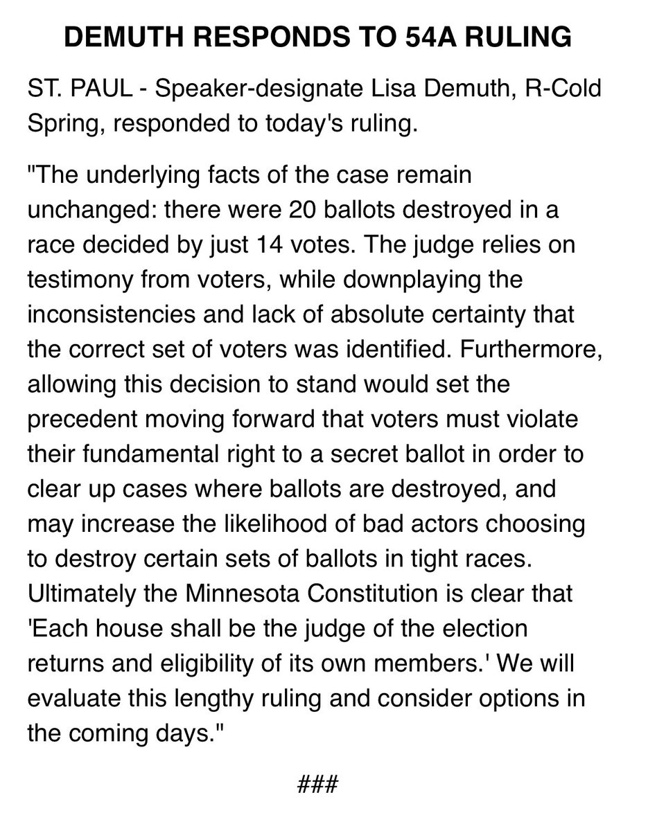 MNHRCC's tweet image. Statement from Speaker-designate @LisaDemuthMN on the 54A court decision.