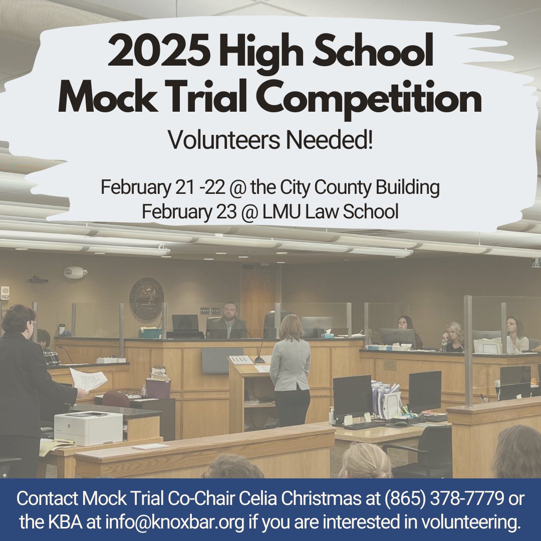 📣 Reminder, volunteers needed! 📣

This incredible program thrives thanks to volunteers who step in as bailiffs, scoring judges, and presiding judges. Will you lend a hand? 🤝

💡 Have questions? Contact Celia Christmas or the KBA at 865-522-6522.