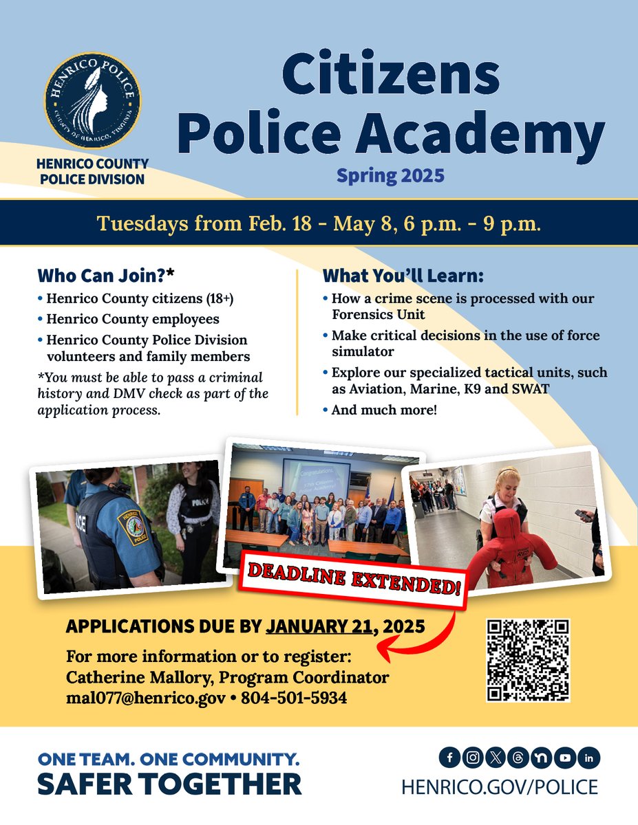 HenricoPolice's tweet photo. There are still a few spots available for the Spring 2025 Citizens Police Academy hosted by Henrico Police. 

The deadline to apply for the Citizens Academy has been EXTENDED to Tuesday, January 21. We hope to see you there! https://t.co/BvuAf2qaP8