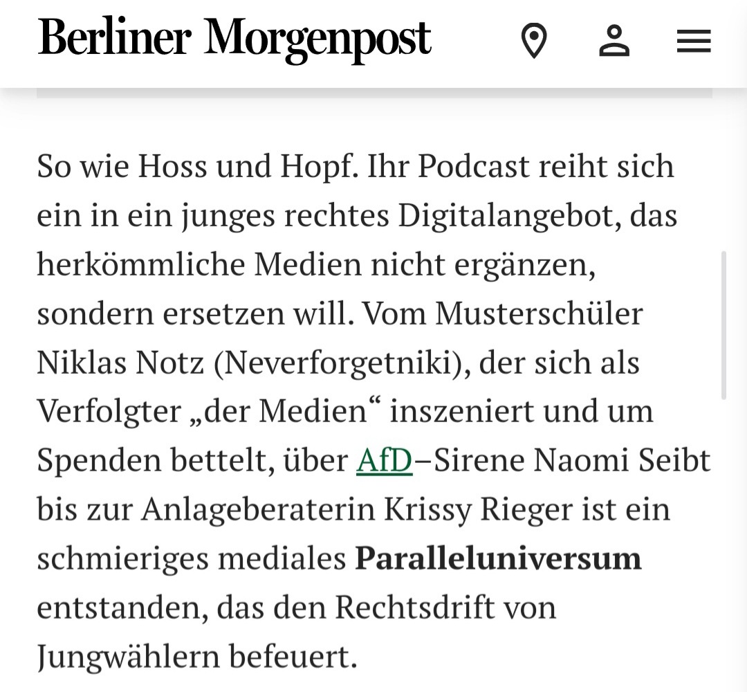 nikitheblogger's tweet photo. Liebe Berliner Morgenpost: 1. Ich heiße Niklas Lotz. Lernt schreiben. 2. Ich inszeniere mich nicht Verfolgter, ich werde faktisch seit Jahren von euch linken Medien diffamiert und wehre mich halt dagegen. Wenn ihr ein wehrloses Opfer braucht, sucht euch jemand anderen.
3. Für meine Arbeit zu spenden ist freiwillig. Oder "bettelt" ihr auch, wenn ihr auf eure Zeitung einen Preis draufschreibt statt sie zu verschenken?
4. Das rechte "Paralleluniversum" ist die bürgerliche Mitte. Siehe 30% Wählerpotential bundesweit für die AfD.
Fazit: Geht nach Hause...