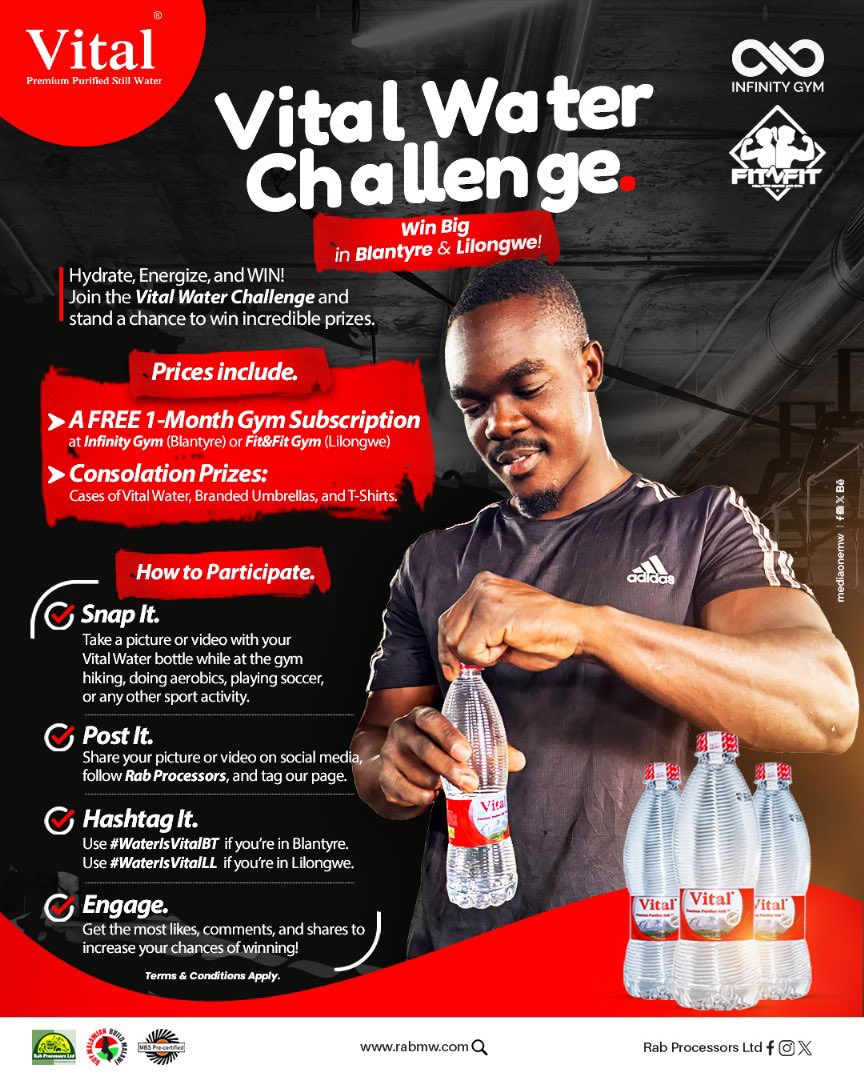Lilongwe and Blantyre, it’s your time to shine! Stand a chance to win a FREE 1-month gym subscription and exciting consolation prizes. All you have to do is follow instructions on the poster.

Don’t wait—join the challenge and let Vital Water fuel your fitness journey! 🏋🏽‍♀️🔥