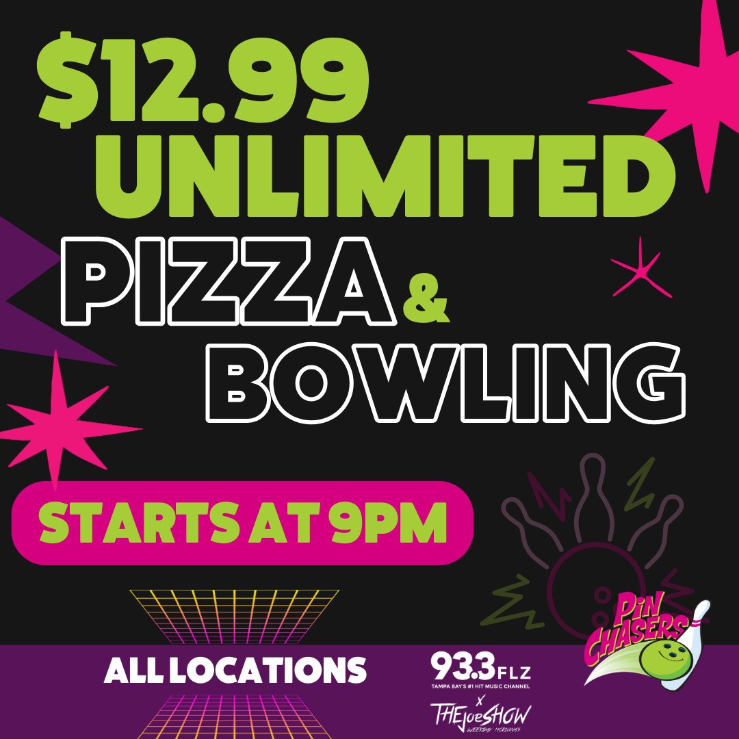 PinChasers's tweet image. Slice into the perfect Tuesday night at our Pizza Bowl! 🍕🎳 

Join us at 9 PM for unlimited pizzas and bowling for just $12.99.

#pizzabowl #pizzalovers #pinchasers #pinchasersFL #bowling #bowlingtime #tuesdaynight #unlimitedbowling #TampaFL #pizza #pizzanight #TheJoeShow