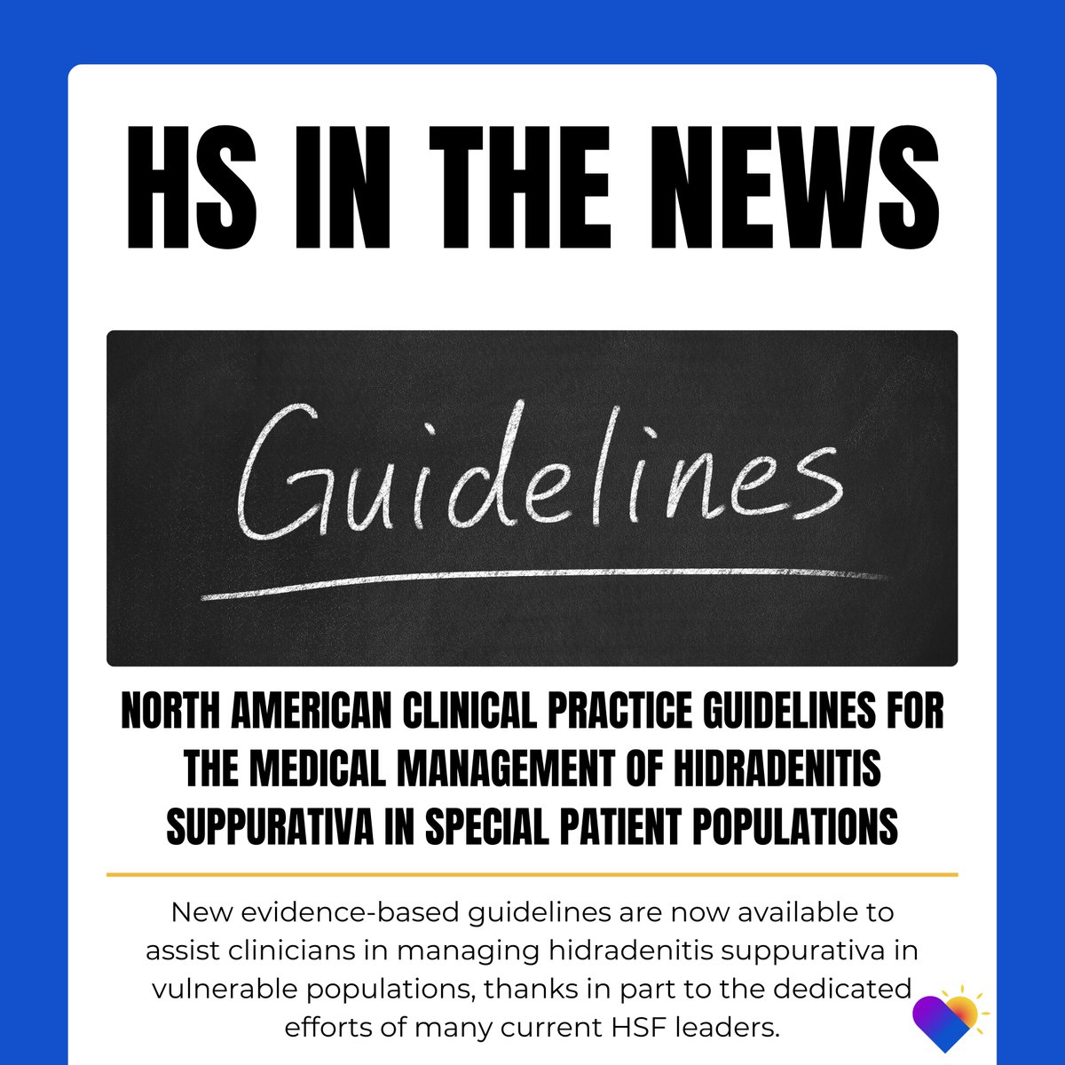 New evidence-based guidelines are now available to help clinicians manage #HS in vulnerable populations. This important resource is made possible by the hard work of many, including several current HS Foundation leaders.💜

🔗 bit.ly/3DRd0or

#HidradenitisSuppurativa