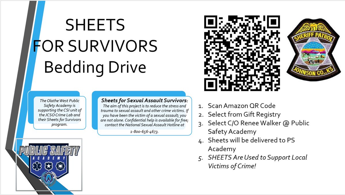 Public Safety Friends - 
We are teaming up with the <a href="/JOCOSHERIFF/">Johnson Co KS Sheriff</a> Crime Lab to collect bedding items for victims of sexual assault and other violent crime. To help see attached flyer and link to our Amazon site! a.co/9h3OGS4