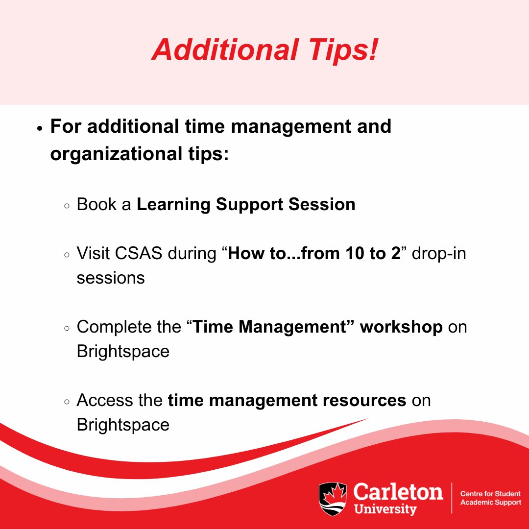 CarletonU_CSAS's tweet image. Ravens!

You can access all time management resources and workshops on Brightspace.  

Self-enrol via the Online Resources of our website! carleton.ca/csas/online-su…

Book an appointment on MySuccess: carleton.ca/csas/support/o…