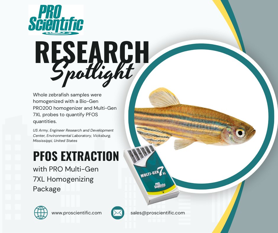 PROScientific's tweet photo. Homogenizer Research Spotlight: PRO200 w/7XL probes were used at @ArmyERDC in Mississippi, USA for PFOS extraction of whole zebrafish.
See the research: https://t.co/f30ZLHorFt and product used: https://t.co/nXmjWLbVAI #pfos #EnvironmentalToxicology #environmentalchemistry https://t.co/PDPGEvkYLE