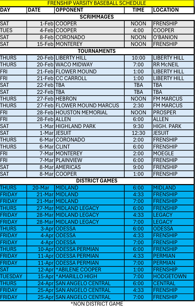 2025 Frenship Baseball Schedule!!