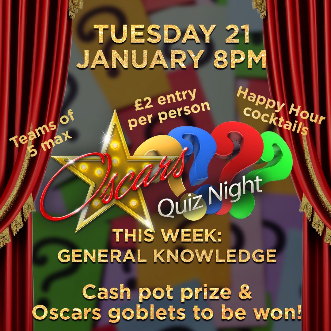 Unfortunately we're having to postpone tonight's Oscars Quiz until next Tuesday, 21 Jan 😭

We apologise for any disruption to your Tuesday night plans! But we are open as normal, with Happy Hour offers until 9pm, if you'd like to come and say hi to Joe &amp; Jason behind the bar ❤️