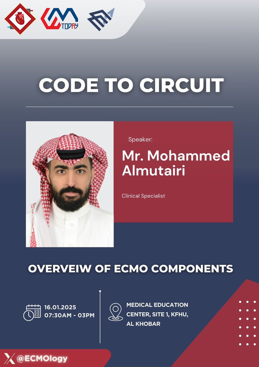 Join Mr. Mohammed Almutairi for an insightful session on Overview of ECMO Components.

Gain essential knowledge about the design and function of this cutting-edge resuscitation technology!⚕️
