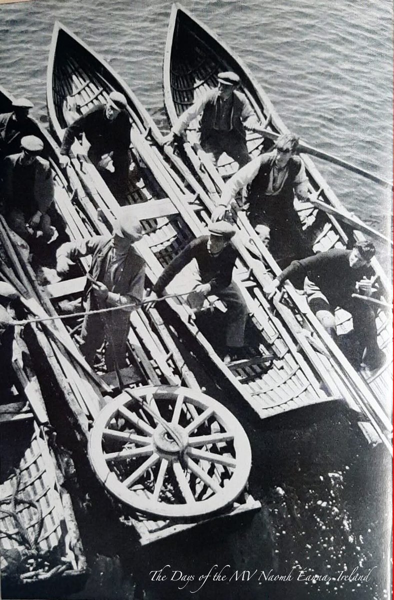 The Great Men of the Sea...
Aran oarsmen arrive in a fleet of currachs to collect goods and passengers from the Galway tender (I think more likely to be the earlier Dun Aengus and not the MV Naomh Éanna), before rowing back to the islands (either Inis Meáin or Inis Oírr).