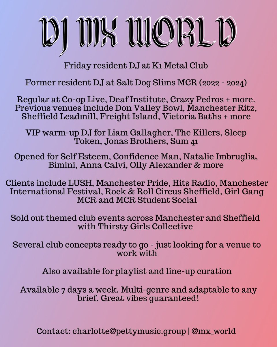 My posts don’t get too much traction on here anymore but I just wanted to share my updated DJing CV! Looking to get a few more gigs in the diary over the next few months. Please get in touch if you’d like to book me, and please RT to get this seen by more people! Thanks ❤️‍🔥🪩