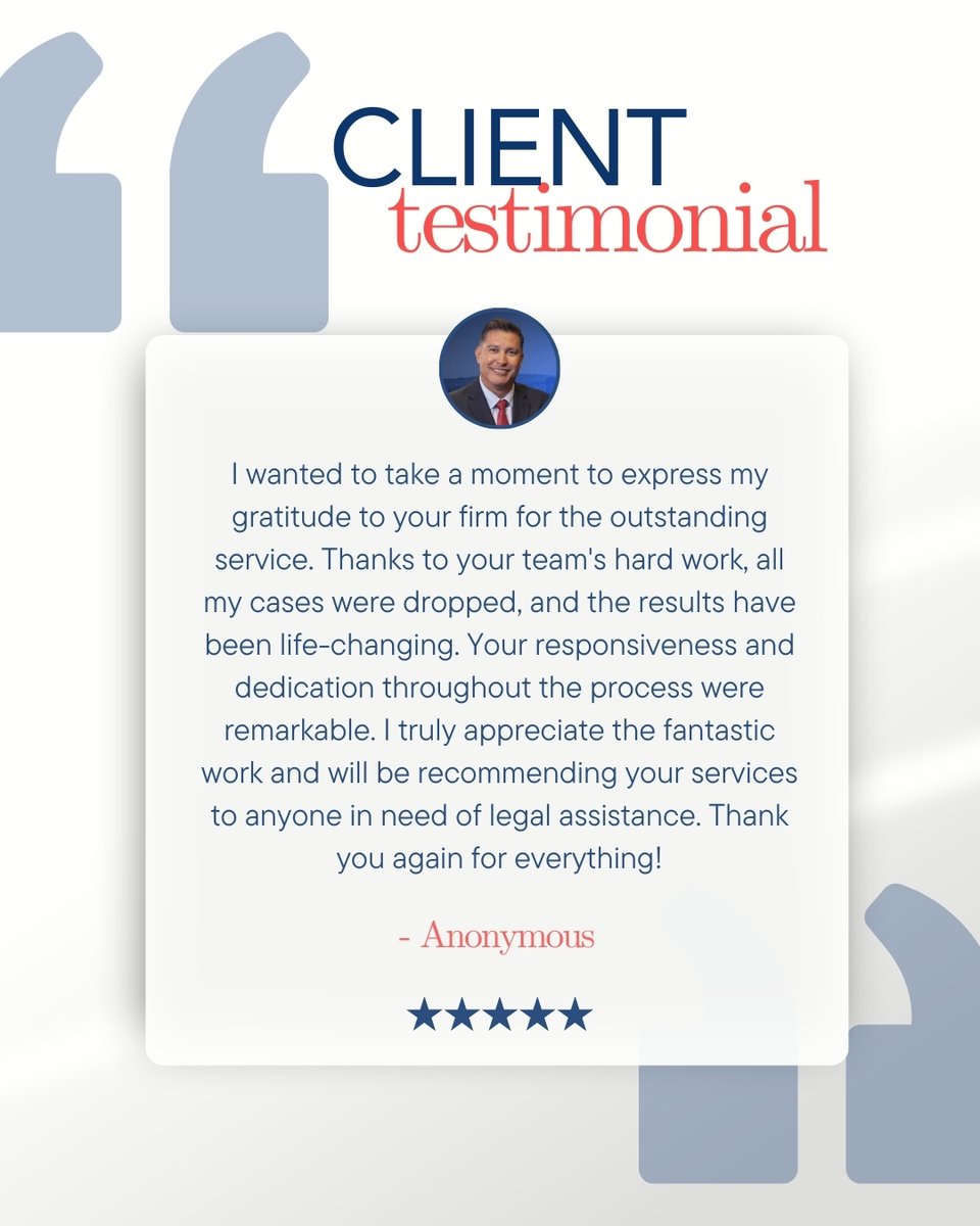 💬 "Thanks to your team's hard work, all my cases were dropped, and the results have been life-changing."

At Suzuki Law, your success is our priority. From criminal defense to personal injury, we’re here to fight for you. 💪

#TestimonialTuesday #PhoenixAttorney