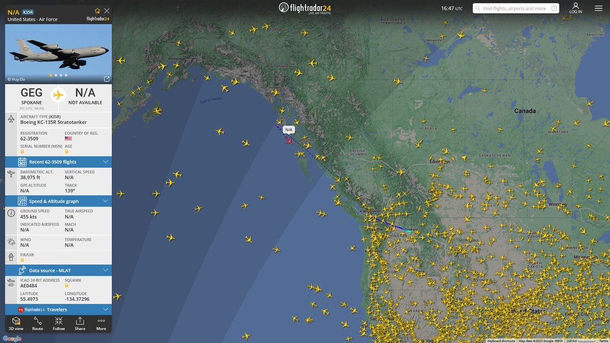 AIYeyENGDdJkjTr's tweet image. Jan. 15, 2025
#Fairchild Air Force Base ==&amp;gt;

#NoCALLSIGN #AE0484 USAF KC-135R Stratotanker
