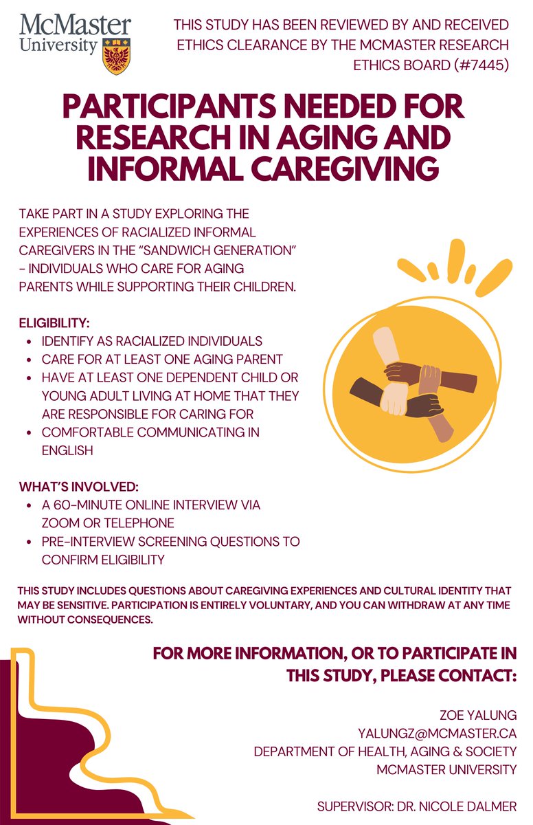 nicoledalmer's tweet photo. Hello! My 4th yr thesis student is seeking participants for her important work about the experiences of racialised care providers who care for both older parents and younger children.
Please circulate the ad and/or get in touch if you have any questions! #gerotwitter #caregiving https://t.co/yMRE28Nc33