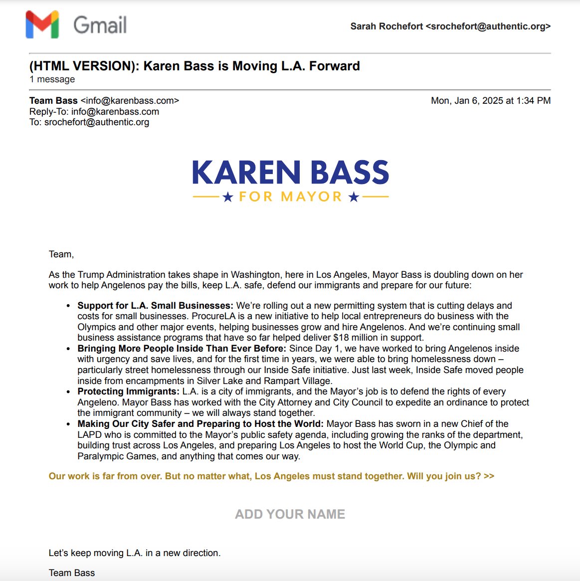 UnrigLA's tweet photo. A few hours after that warning went out last Monday the Bass campaign sent out this fundraising mail claiming she was preparing LA for “anything that comes our way.” https://t.co/4IXzjCypz9