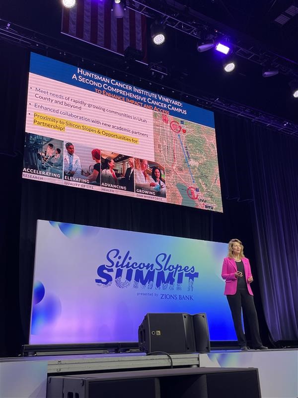 huntsmancancer's tweet photo. We’re at the #SiliconSlopes Summit today! Our Executive Director, @NeliMUlrich shared how our new Vineyard Campus will foster collaboration with local innovators to drive advances in cancer research and care. Visit our booth or tour our new mobile screening clinic to learn more! https://t.co/TbPlXBRA4B