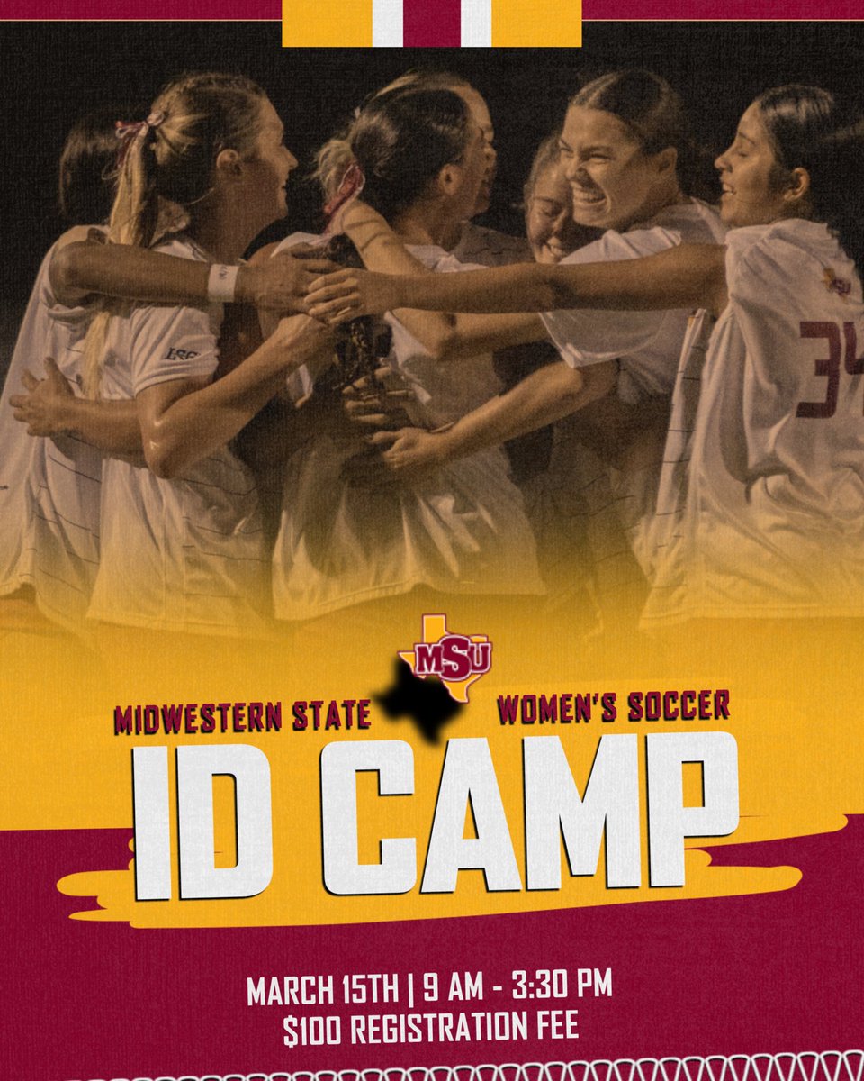 The Midwestern State University Women’s Soccer Spring ID Camp is set for March 15th. The camp is deigned to show players a training experience that highlights technical and tactical abilities identified with the Midwestern State program.

REGISTER NOW: register.ryzer.com/camp.cfm?sport…