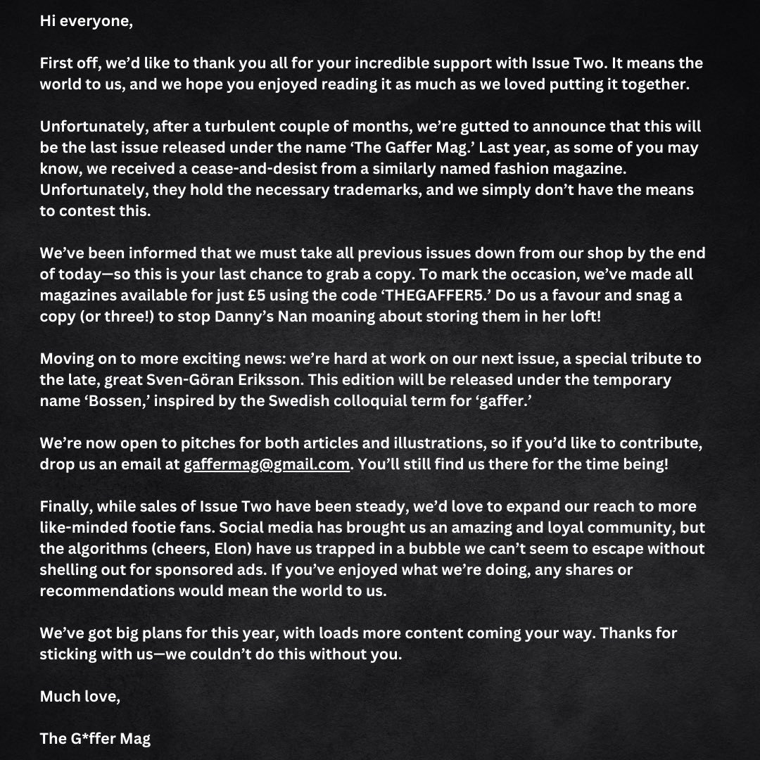 The good people at @BOSSEN___  (ex-Gaffer) have announced that they’ve had to change their name but project is very much still alive.

They’re also looking for contributors so anyone interested can get in touch.  Produced 2 great magazines &amp; am sure next one will be as well: