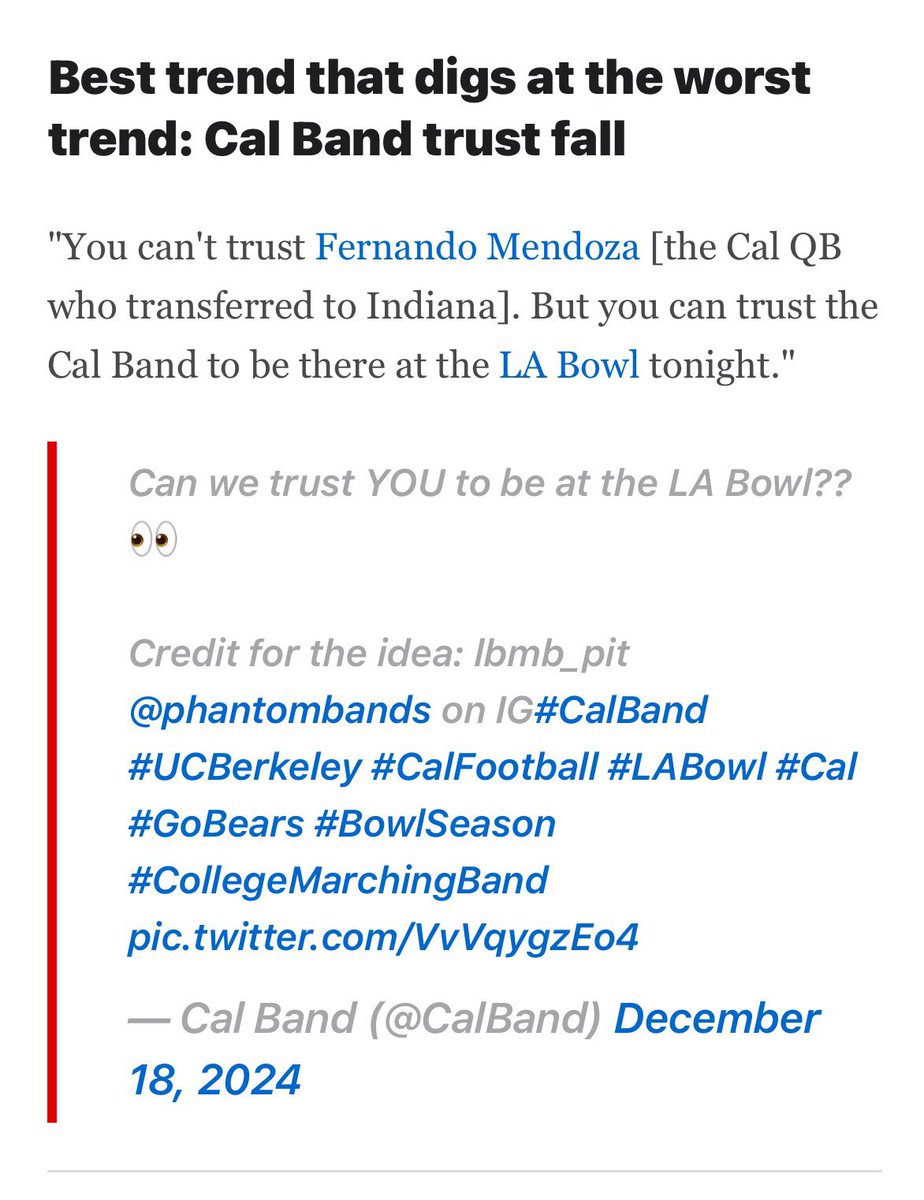 CalBand's tweet photo. Thanks @espn! You can always trust us 😉💙

https://t.co/Fjjy0mjuiE https://t.co/JR87hZ1rKd