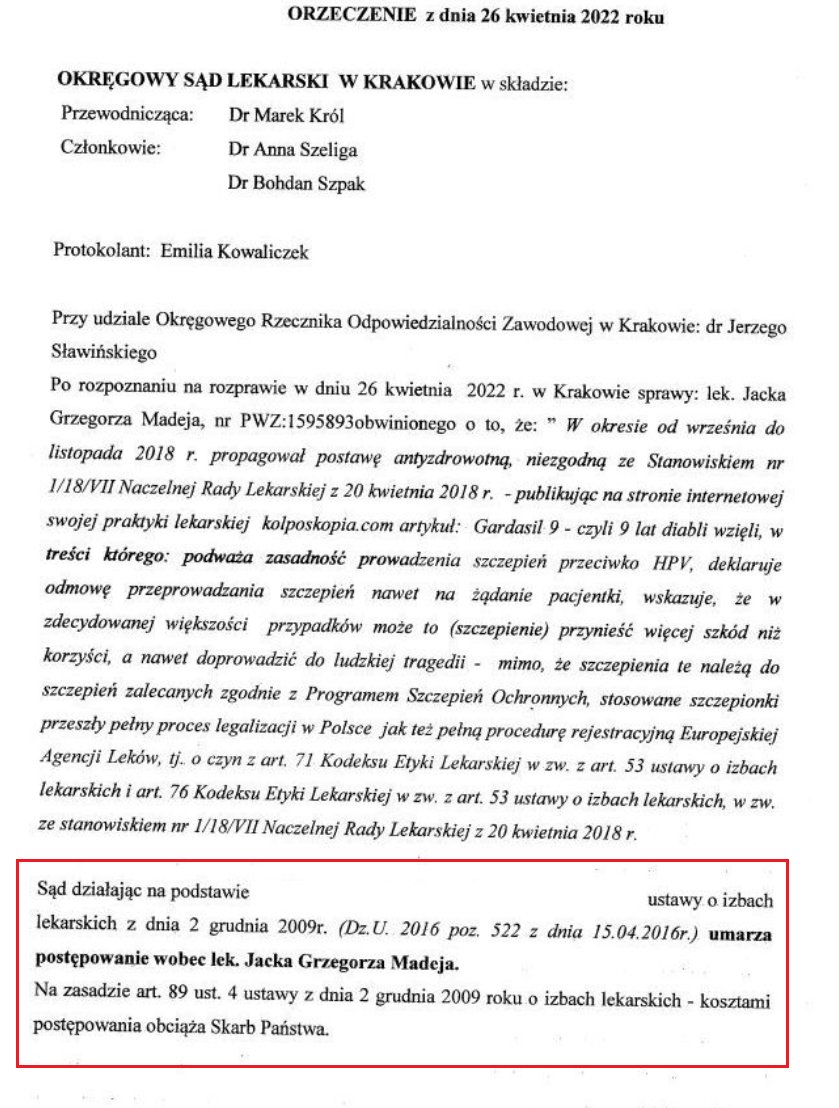 JacekGMadej's tweet photo. Rozprawa odbyła się w kwietniu 2022 roku beze mnie /źle zawiadomiony/ i bez mojego papugi 😉bo broniłem się sam i zakończyła się umorzeniem. Wyrok jest prawomocny. Ale najistotniejsze dla Was-odbiorców szczepień, rodziców, lekarzy jest uzasadnienie, którego fragmenty pokazuję. https://t.co/nzrh7bxCYn