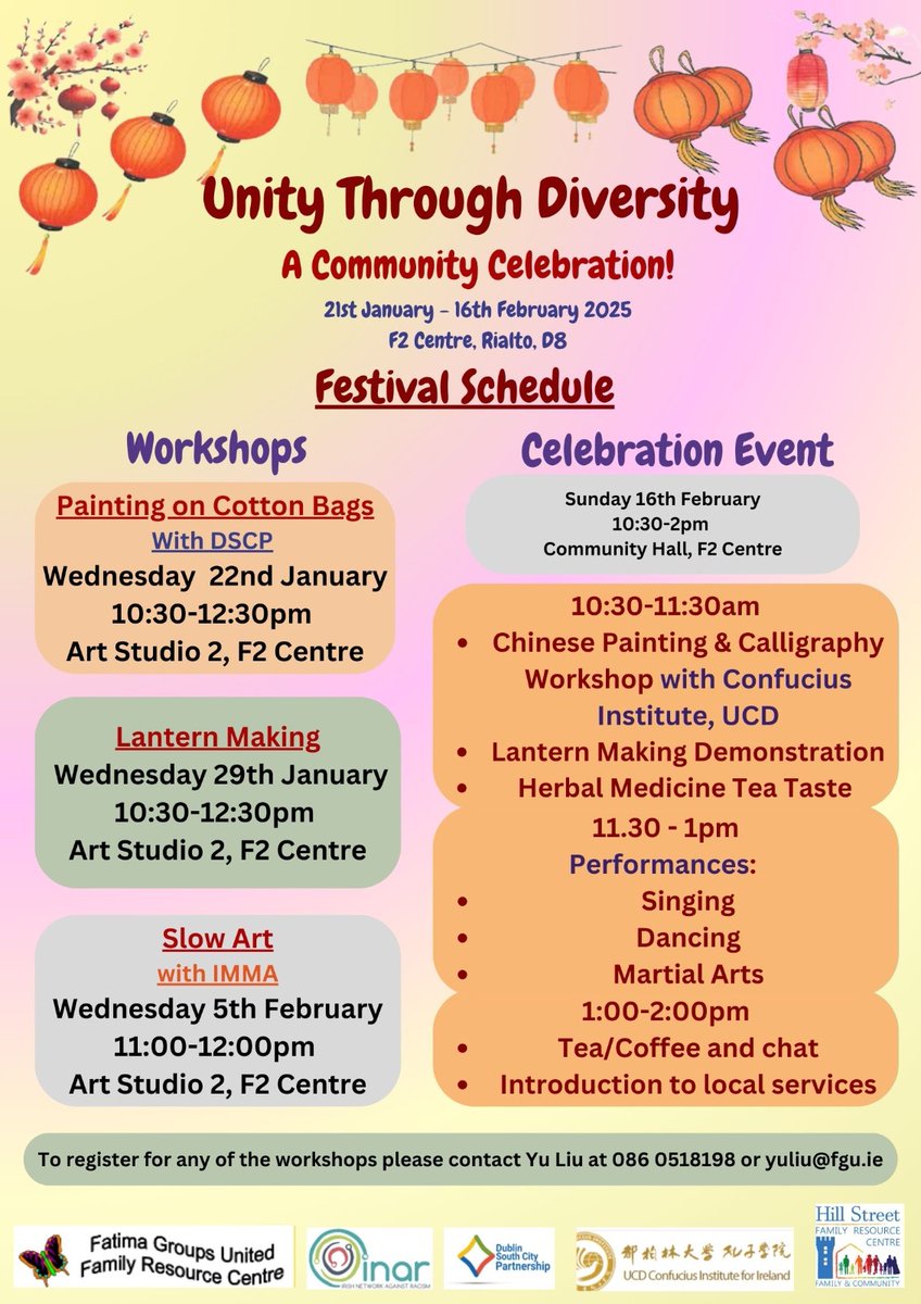 FatimaGroupsUnited (@groupsfatima) on Twitter photo Our Unity Through Diversity Community Celebration takes place on Sunday February 16th.
Please come join us and celebrate the vibrant and diverse communities of Dublin 8
Contact Yu Liu on yuliu@fgu.ie for more information Our Unity Through Diversity Community Celebration takes place on Sunday February 16th.
Please come join us and celebrate the vibrant and diverse communities of Dublin 8
Contact Yu Liu on yuliu@fgu.ie for more information